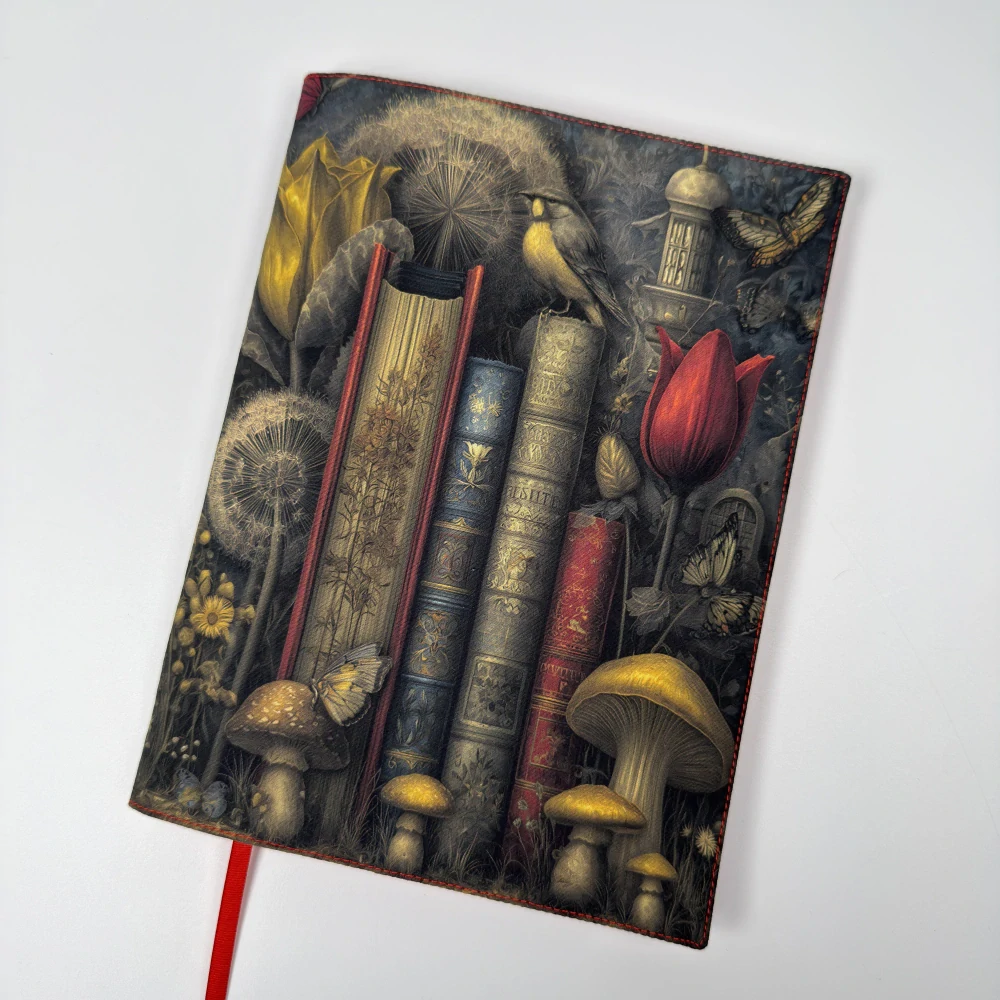 Tajemná knihovna s tulipánem – fantasy obal na knihu, velikost M plus