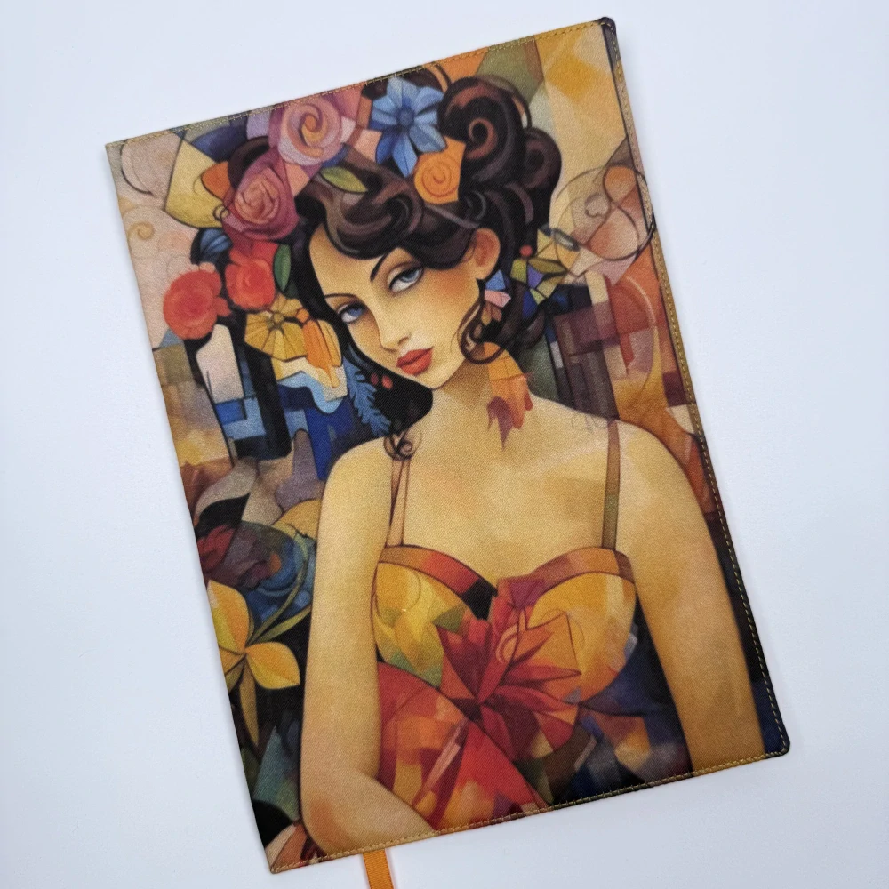  Nastavitelný obal na knihu – Art dívka II, žlutá doplňková látka, velikost L