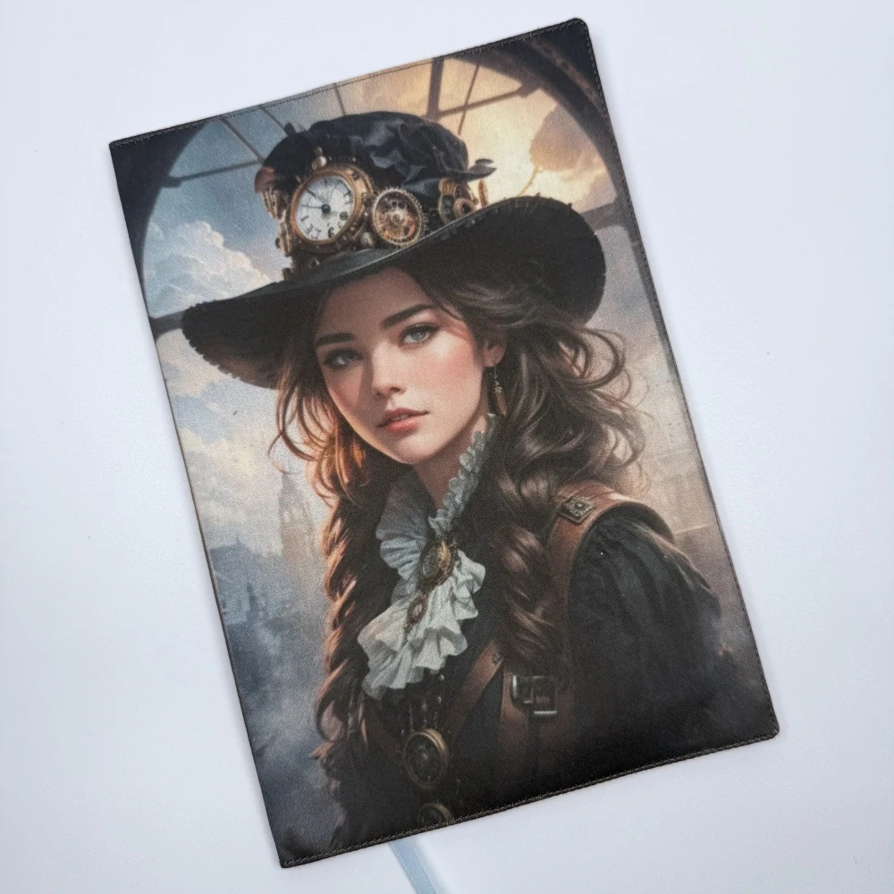  Nastavitelný obal na knihu – Dívka ve steampunk stylu III s hnědou látkou, velikost L