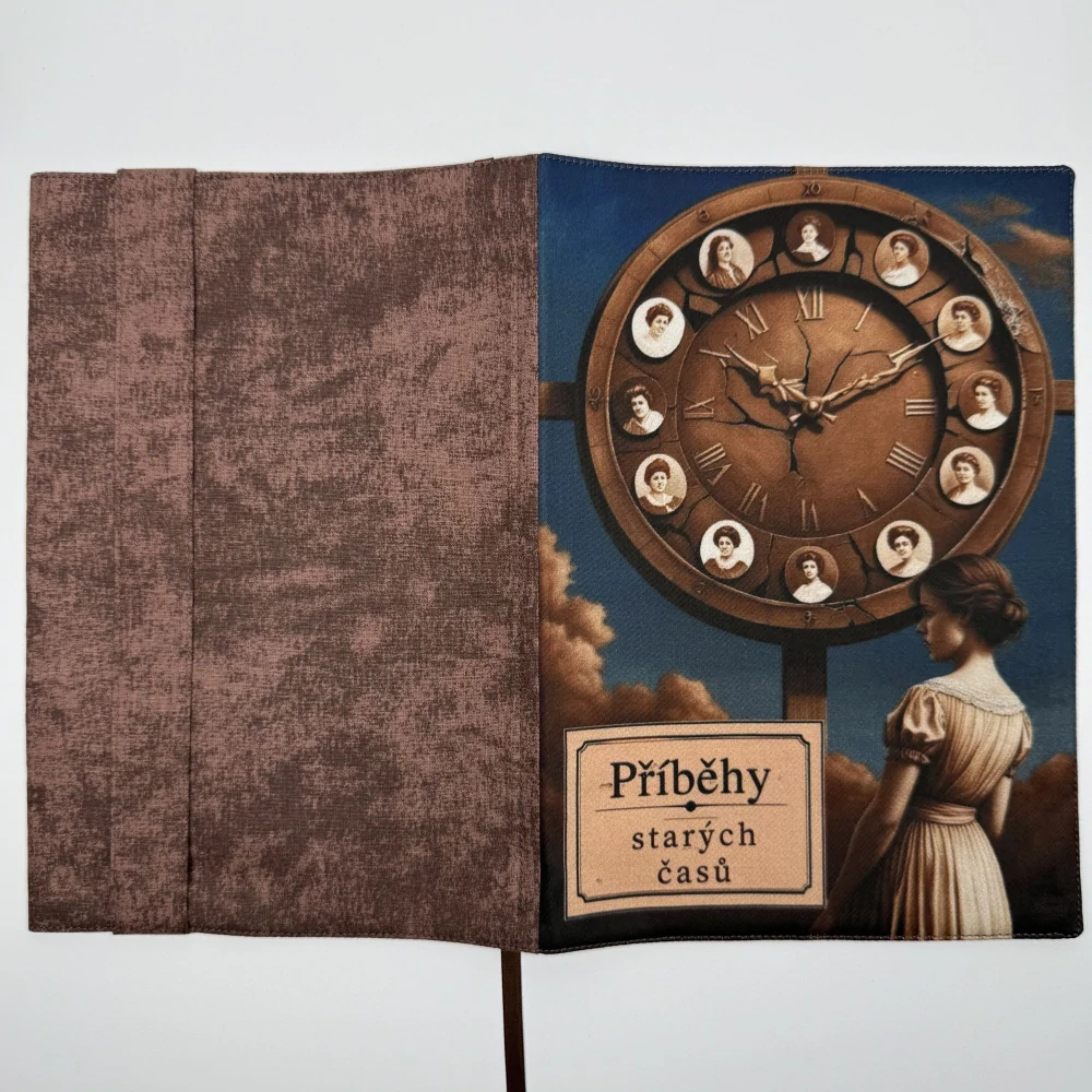 Nastavitelný obal na knihu – Příběhy starých časů, retro hodiny a hnědá látka, velikost XL