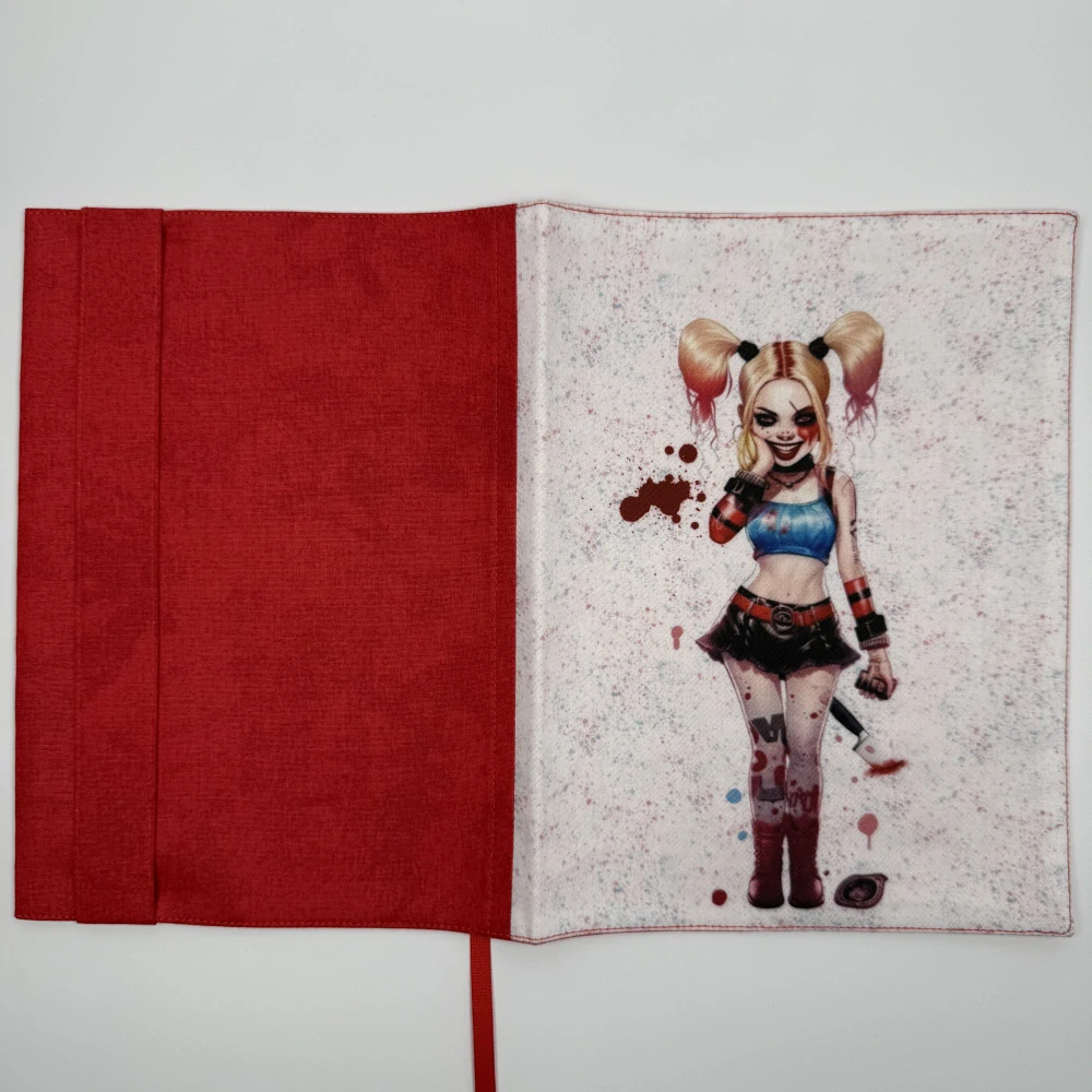  Nastavitelný obal na knihu – smějící se Harley Quinn, červená doplňková látka, velikost L