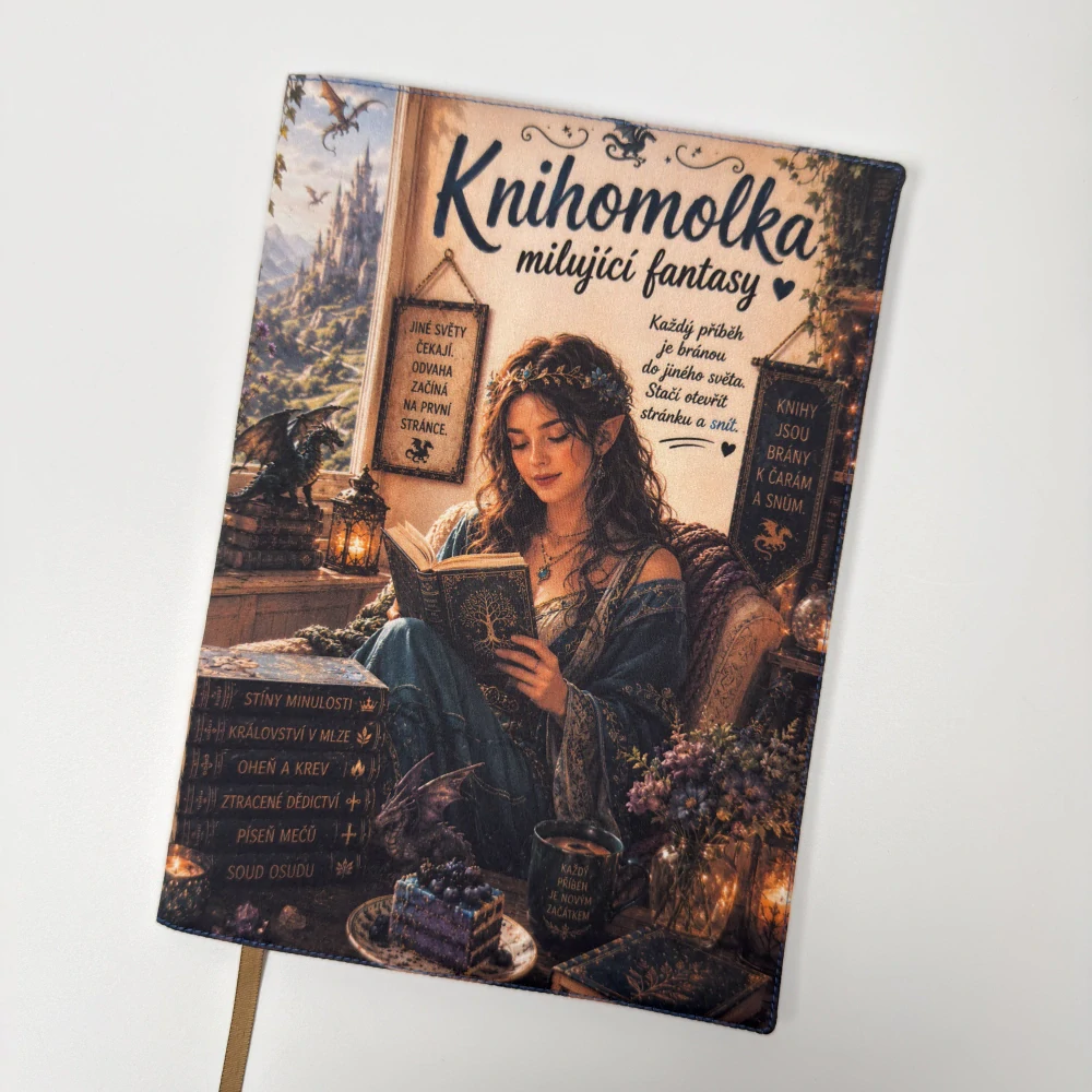 Knihomolka milující fantasy – fantasy obal na knihu, velikost L