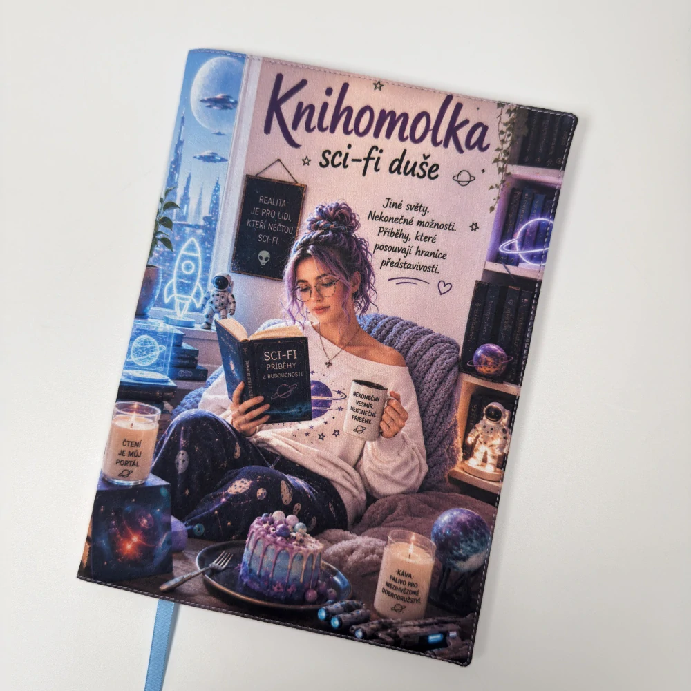 Knihomolka sci-fi duše – sci-fi obal na knihu, velikost M plus