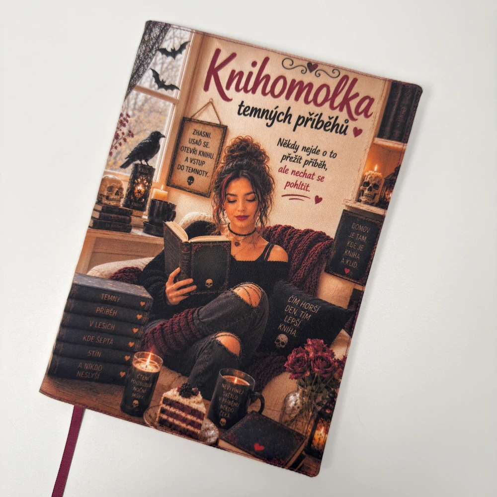 Knihomolka temných příběhů – obal na knihu s temným motivem, velikost M plus