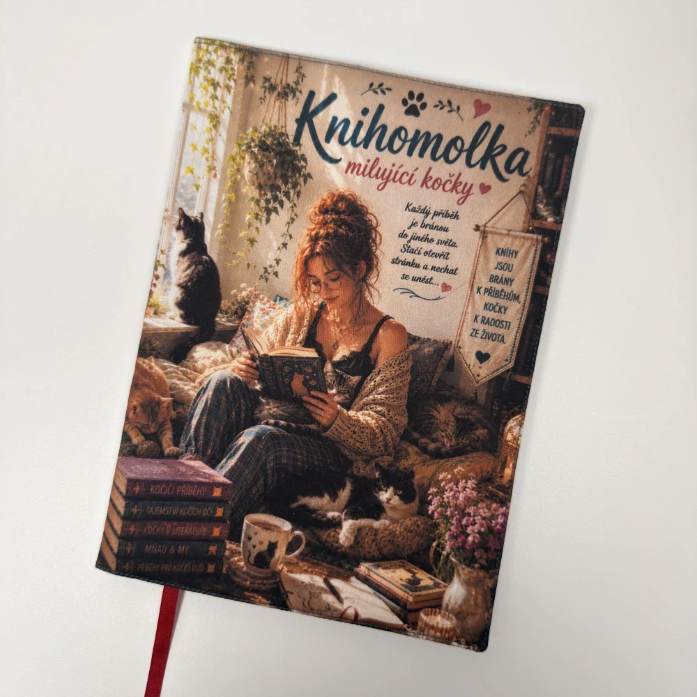 Knihomolka milující kočky – obal na knihu s kočkami, velikost M plus