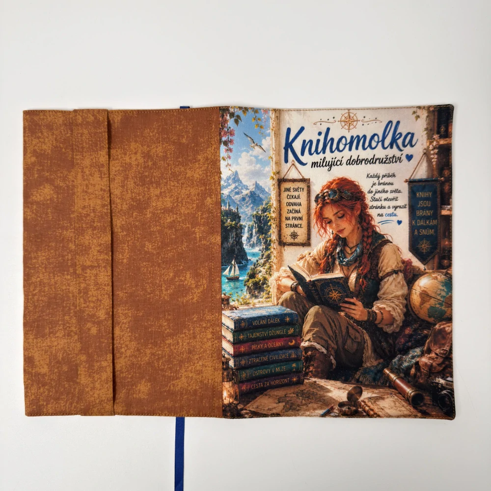 Rezervace Daniela K. – Knihomolka milující dobrodružství – obal na knihu, velikost L - skořicová