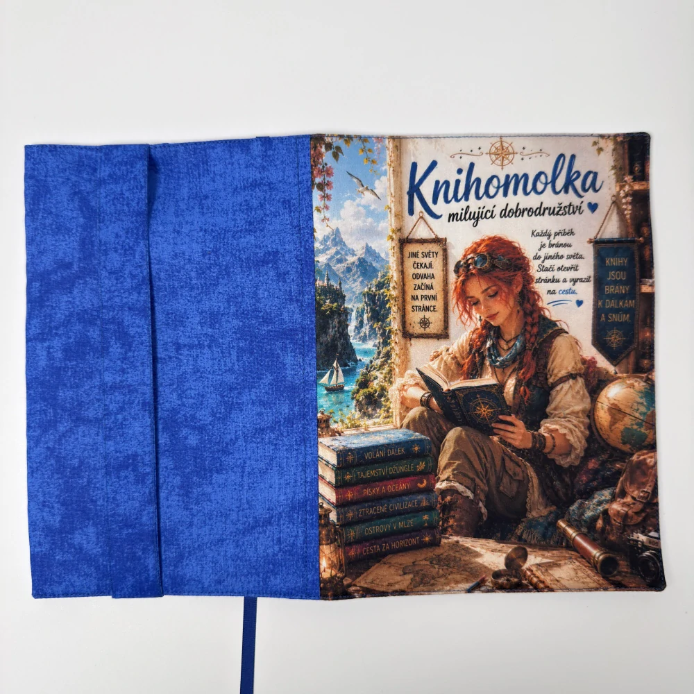 Rezervace Daniela K. – Knihomolka milující dobrodružství – obal na knihu, velikost L - modrá 