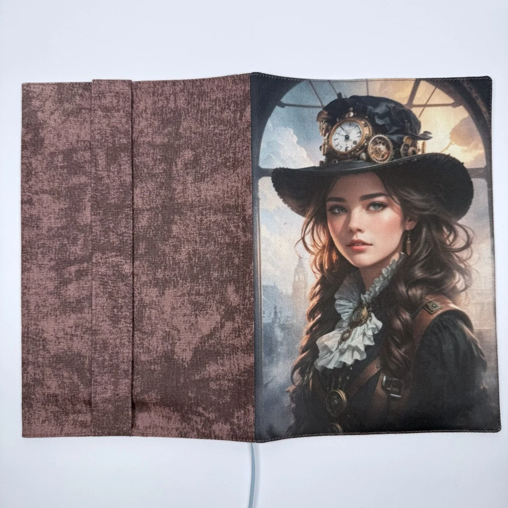  Nastavitelný obal na knihu – Dívka ve steampunk stylu III s hnědou látkou, velikost L