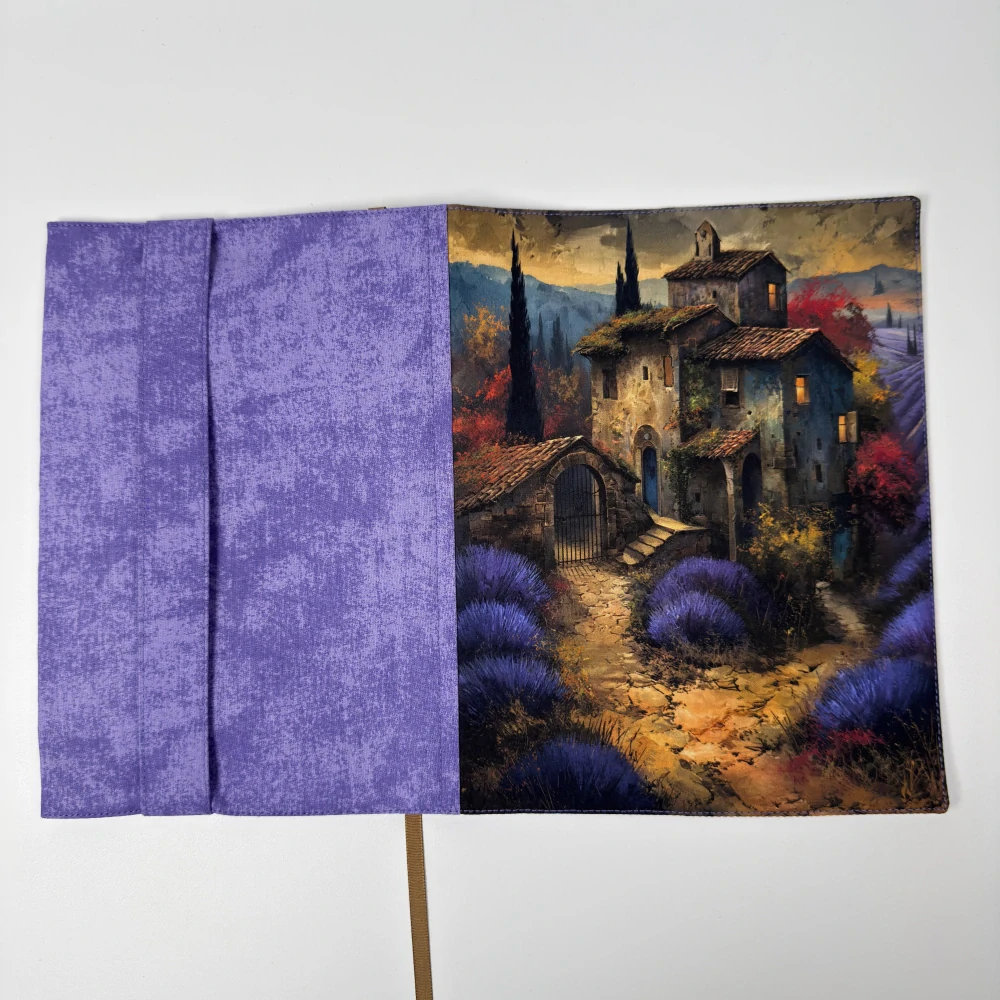 Levandulová vesnička v Provence – obal na knihu s levandulí, velikost M plus