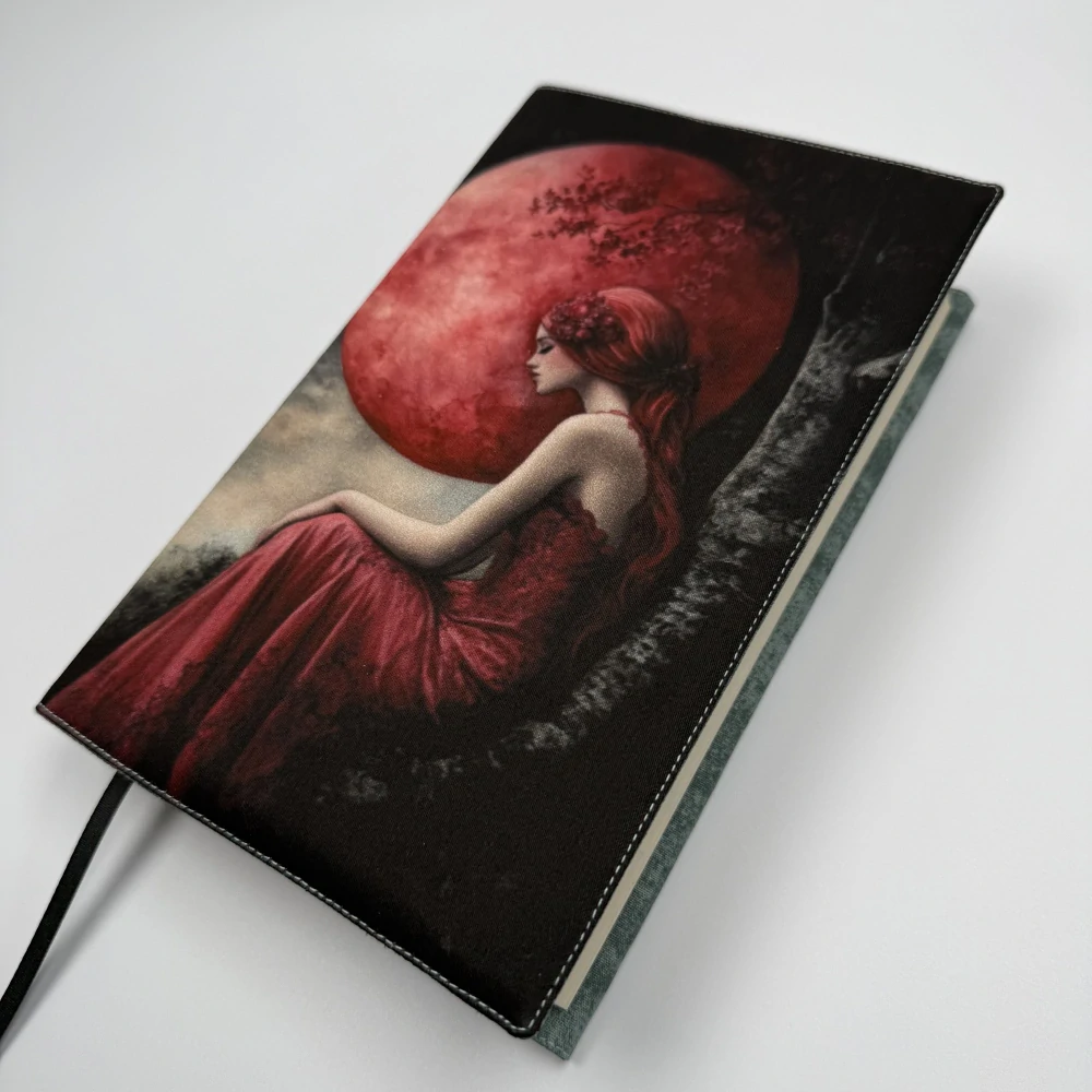 Nastavitelný obal na knihu – dívka a magický úplněk, starozelená doplňková látka, velikost L
