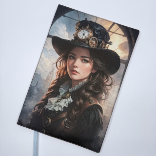 Nastavitelný obal na knihu – Dívka ve steampunk stylu III s hnědou látkou, velikost L