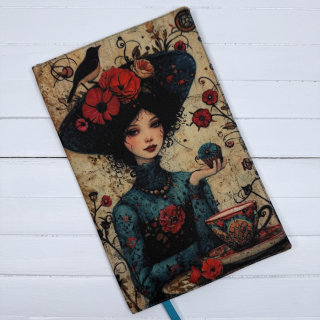 Látkový obal na knihu – Dívka s kávou a ptáčkem, vintage styl, velikost M