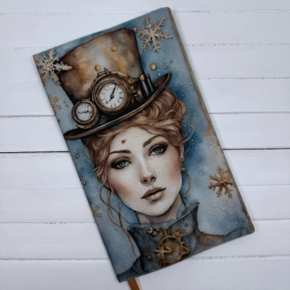 Látkový obal na knihu – Steampunková dáma se sněhovými vločkami, velikost M