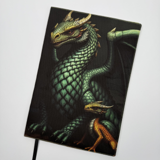 Nastavitelný obal na knihu – Zelený drak a mládě, fantasy motiv a zelená látka, velikost XL