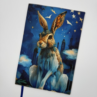 Nastavitelný obal na knihu – Fantasy zajíc, hvězdné nebe a hnědá látka, velikost XL