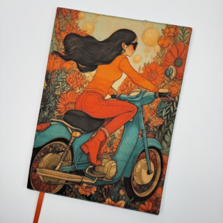 Nastavitelný obal na knihu – Dívka na mopedu, retro květinový motiv a tyrkysová látka, velikost XL